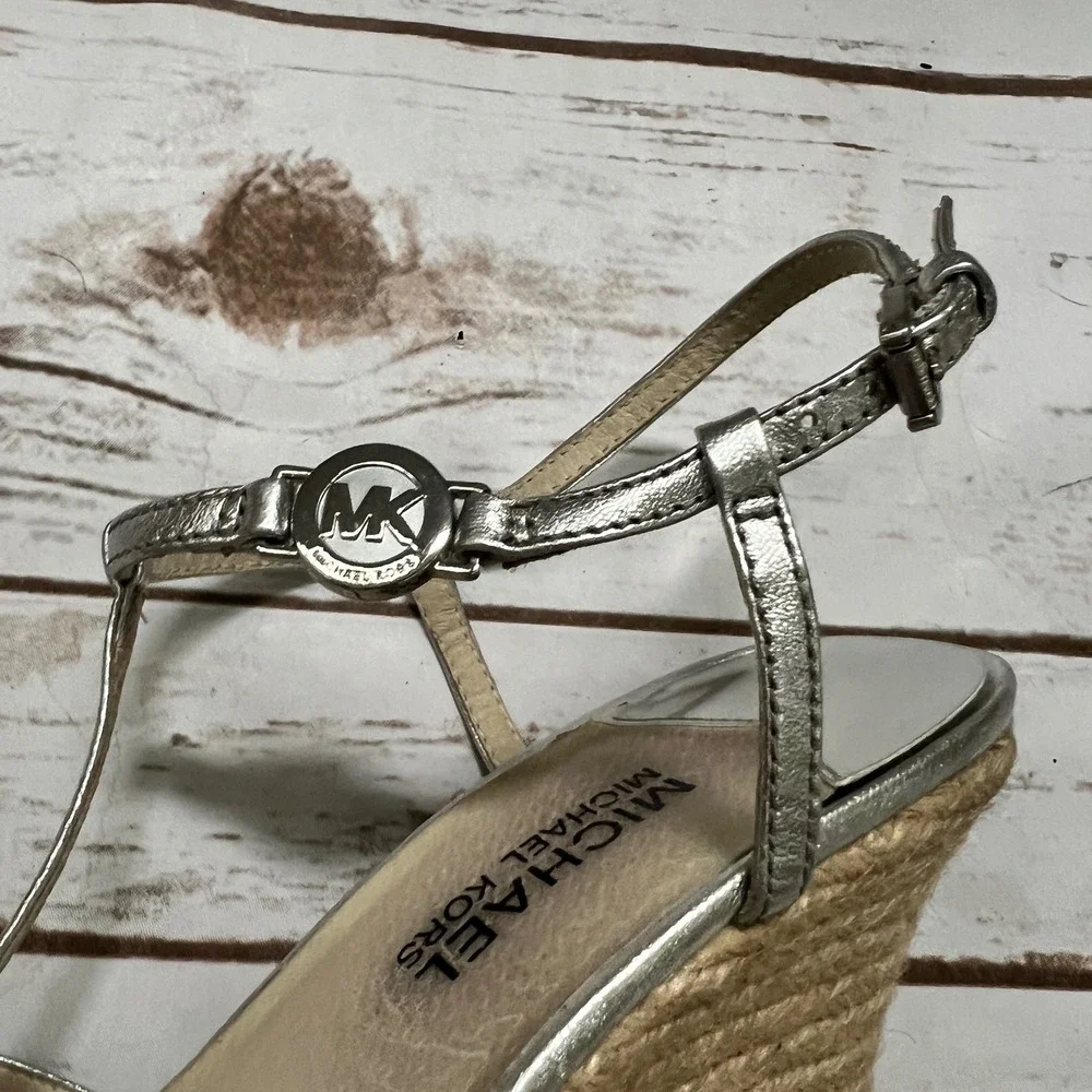 Michael Michael Kors Wedge Sandal Silver Metallic Espadrille Strappy 8.5